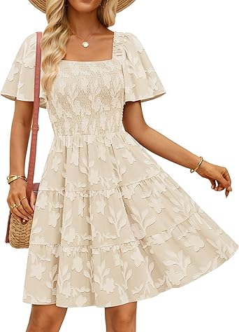 Women's Summer Boho Floral Mini Dress 2026 Casual Short Sleeve Square Neck Swing Beach Vacation Sundress