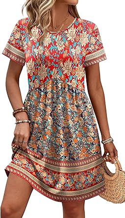 Spring Dresses for Women 2026 Short Sleeve Crew Neck Casual Dresses Empire Waist Maternity Dress with Pockets