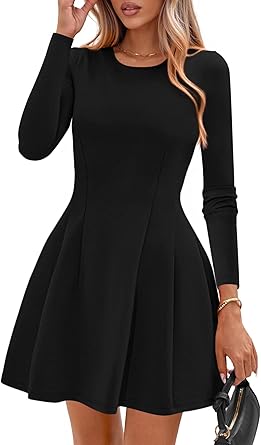 Long Sleeve Mini Dress for Women 2026 Spring Crewneck Knit Pleated Babydoll A Line Casual Short Party Dresses