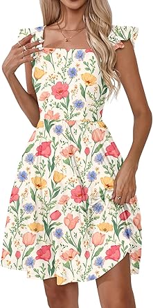 Women's Summer Dresses Casual Square Neck Floral Sundress with Pockets A Line Flowy Beach Dress