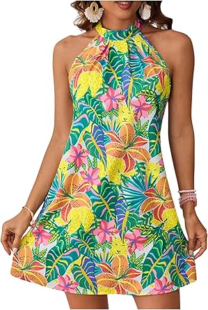 Women's Sleeveless Floral Print Sundress Halter Neck A Line Short Dress