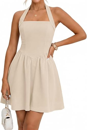 Women's Summer Halter Neck Mini Dress 2026 Cute Ruched Waist A-line Flowy Graduation Cocktail Party Short Dresses