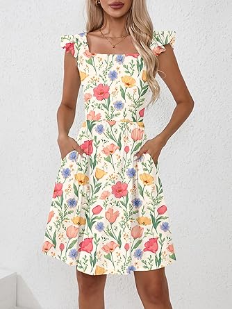 Women's Summer Dresses Casual Square Neck Floral Sundress with Pockets A Line Flowy Beach Dress