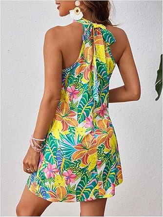 Women's Sleeveless Floral Print Sundress Halter Neck A Line Short Dress