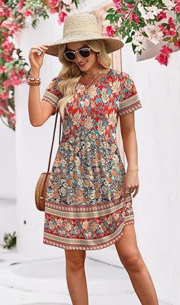 Spring Dresses for Women 2026 Short Sleeve Crew Neck Casual Dresses Empire Waist Maternity Dress with Pockets