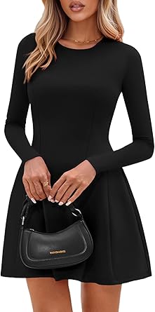 Long Sleeve Mini Dress for Women 2026 Spring Crewneck Knit Pleated Babydoll A Line Casual Short Party Dresses