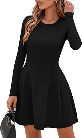 Long Sleeve Mini Dress for Women 2026 Spring Crewneck Knit Pleated Babydoll A Line Casual Short Party Dresses