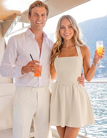 Women's Summer Halter Neck Mini Dress 2026 Cute Ruched Waist A-line Flowy Graduation Cocktail Party Short Dresses