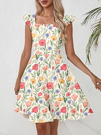 Women's Summer Dresses Casual Square Neck Floral Sundress with Pockets A Line Flowy Beach Dress