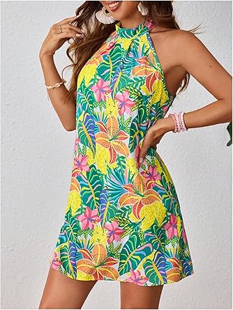 Women's Sleeveless Floral Print Sundress Halter Neck A Line Short Dress