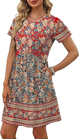 Spring Dresses for Women 2026 Short Sleeve Crew Neck Casual Dresses Empire Waist Maternity Dress with Pockets