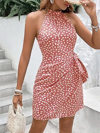 Women's Summer Dress Dot Print Halter Neck Tie Waist Casual Zipper Back Sundress Vacation Beach
