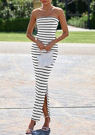 Women's Summer Bodycon Maxi Tube Dress Ribbed Strapless Side Slit Long Going Out Casual Elegant Party Dresses