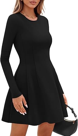 Long Sleeve Mini Dress for Women 2026 Spring Crewneck Knit Pleated Babydoll A Line Casual Short Party Dresses