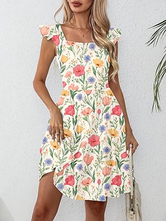 Women's Summer Dresses Casual Square Neck Floral Sundress with Pockets A Line Flowy Beach Dress