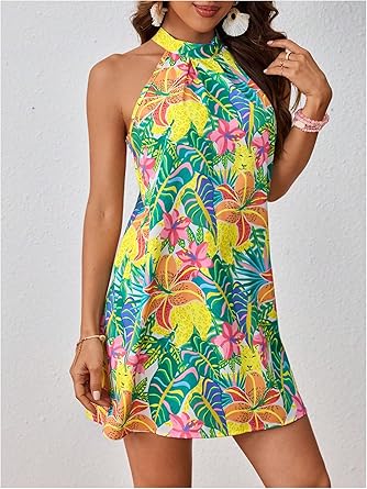 Women's Sleeveless Floral Print Sundress Halter Neck A Line Short Dress