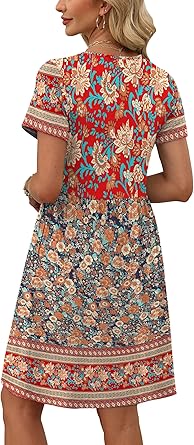 Spring Dresses for Women 2026 Short Sleeve Crew Neck Casual Dresses Empire Waist Maternity Dress with Pockets