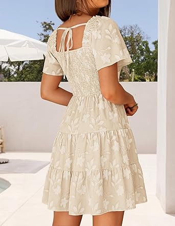 Women's Summer Boho Floral Mini Dress 2026 Casual Short Sleeve Square Neck Swing Beach Vacation Sundress