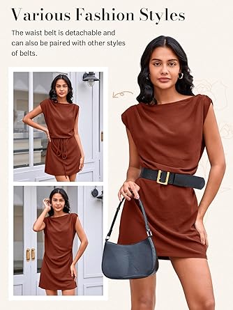 Womens 2026 Summer Mini Dress Casual Sleeveless Tie Waist Loose Ruched Beach Vacation Short Sundresses