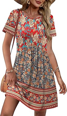 Spring Dresses for Women 2026 Short Sleeve Crew Neck Casual Dresses Empire Waist Maternity Dress with Pockets
