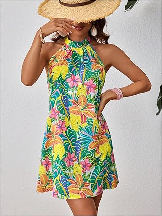 Women's Sleeveless Floral Print Sundress Halter Neck A Line Short Dress
