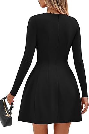 Long Sleeve Mini Dress for Women 2026 Spring Crewneck Knit Pleated Babydoll A Line Casual Short Party Dresses
