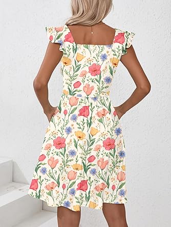 Women's Summer Dresses Casual Square Neck Floral Sundress with Pockets A Line Flowy Beach Dress