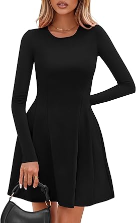Long Sleeve Mini Dress for Women 2026 Spring Crewneck Knit Pleated Babydoll A Line Casual Short Party Dresses